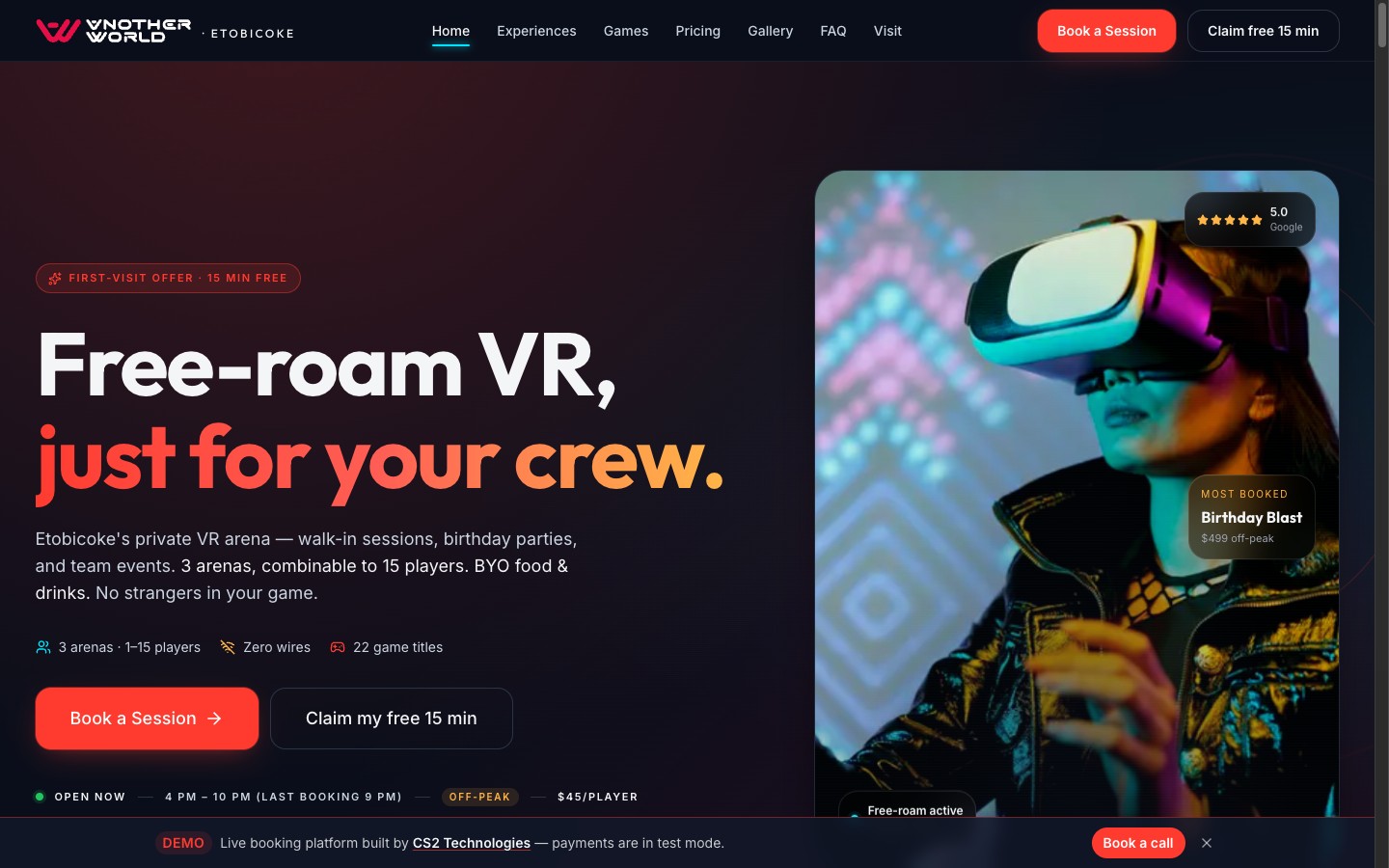 Etobicoke VR Arena live site homepage